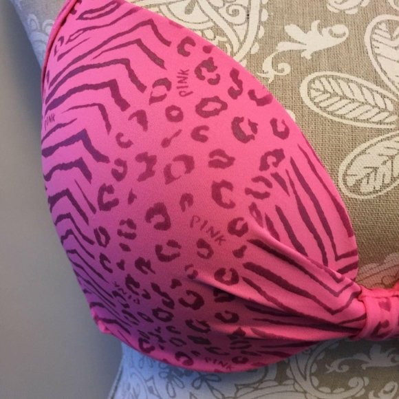 Pink Victoria Secret Swim Halter Top Size L Animal Print Bikini Padded Cups - Picture 2 of 10
